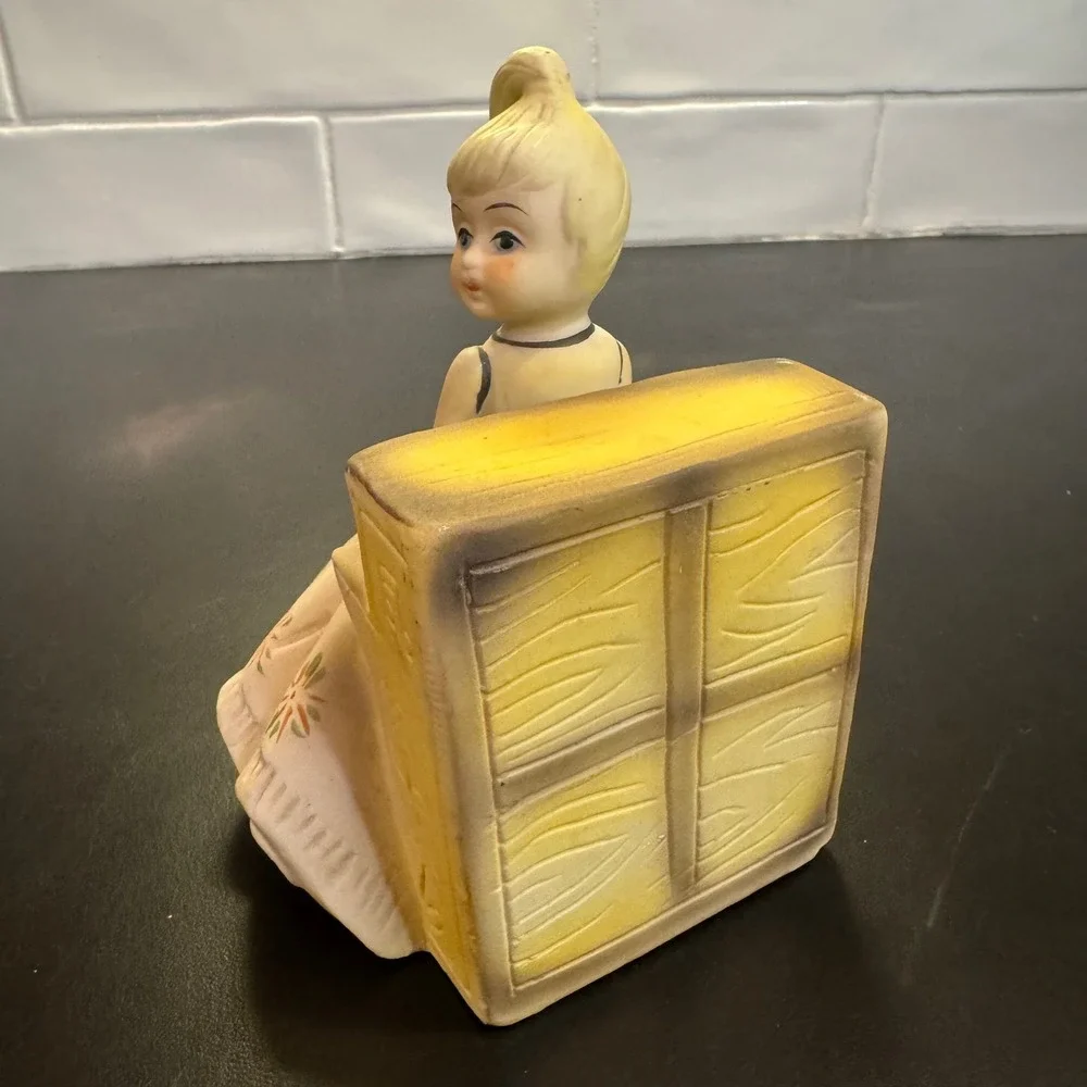 Vintage Girl at Piano Figurine Home Decor 6in Pink Yellow Hand Painted Kitsch